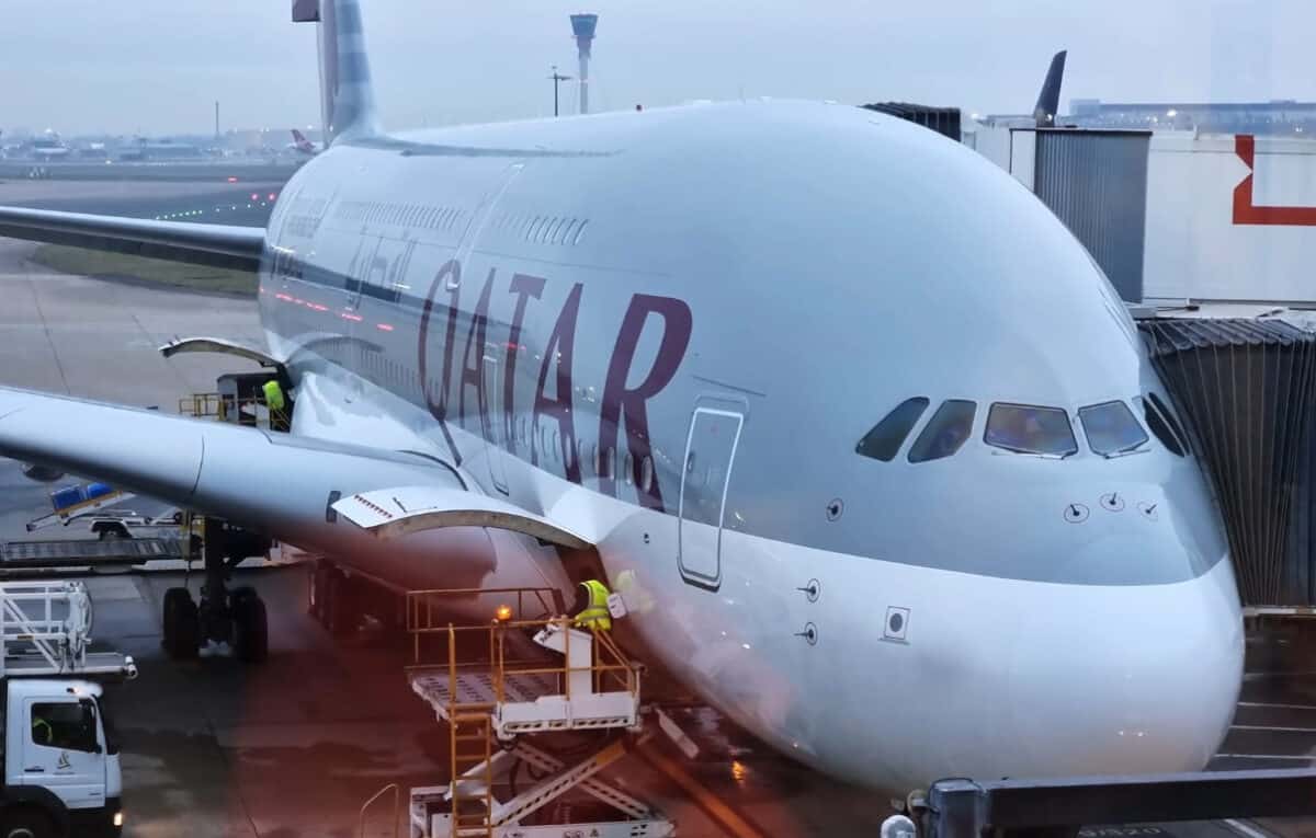 view of qatar airlines a380 from the window at the ramp