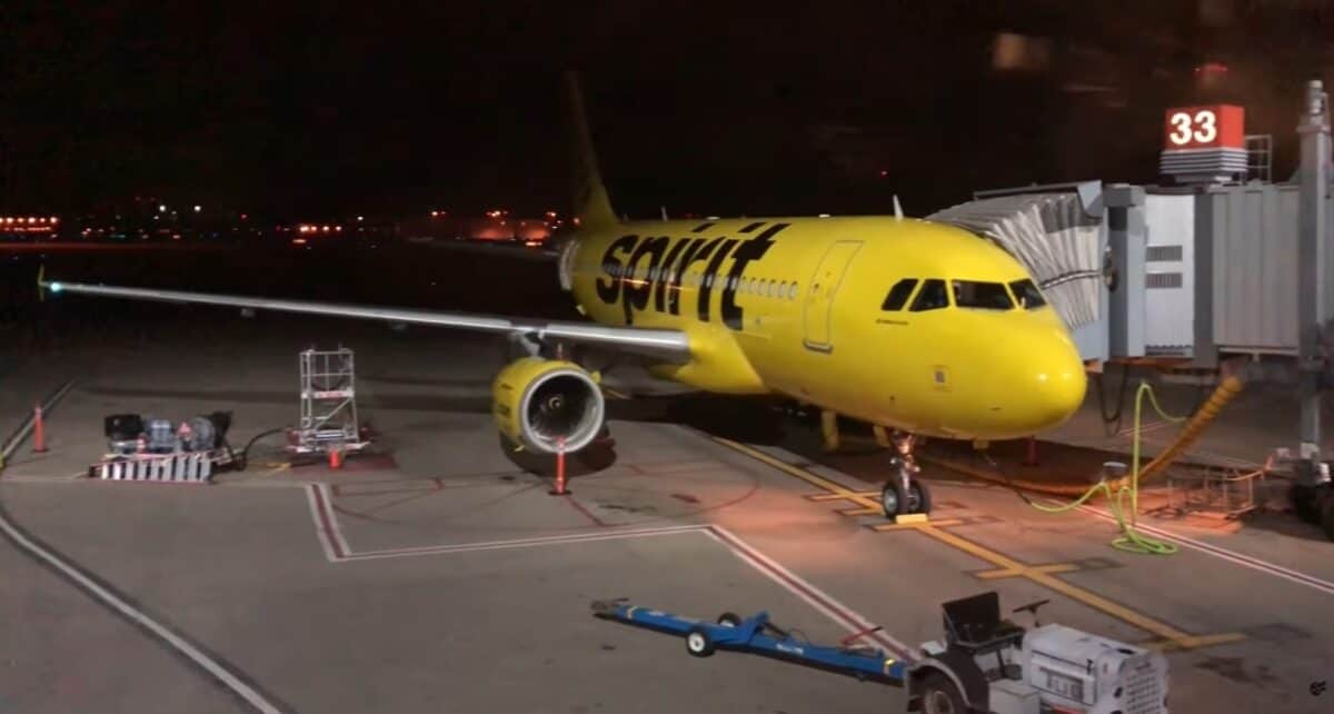 the yellow colored spirit airlines at the ramp