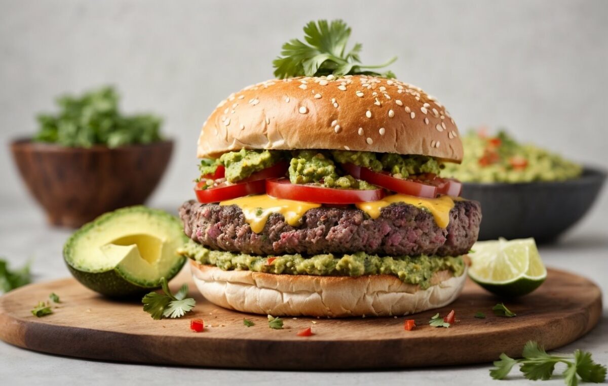 Angus beef burger with Mexican topping like guacamole