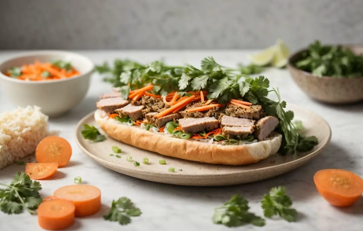 Bánh mì with sauteed pork, pâté, cilantro, and pickled carrots