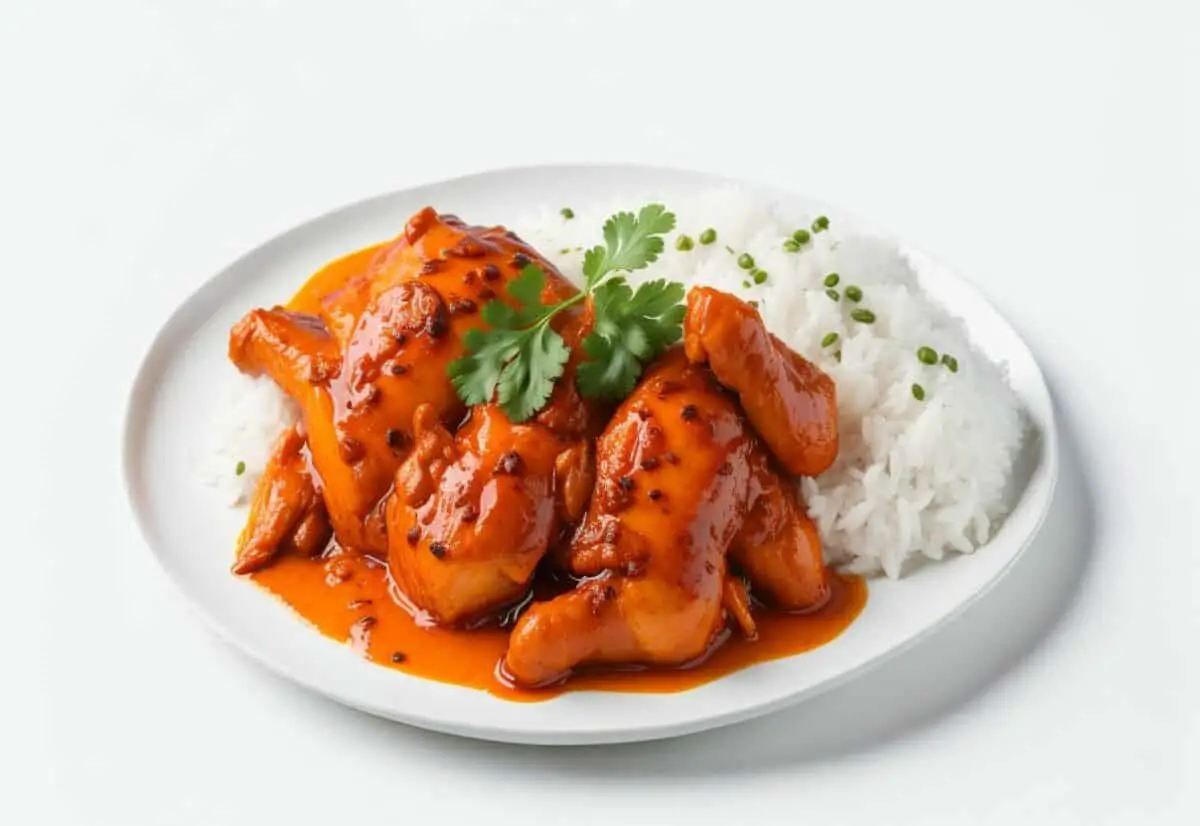 Chicken in spicy Asian sauce with jasmine rice
