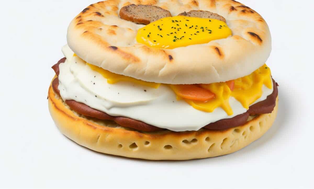 English muffin with eggs, cheese and turkey sausage