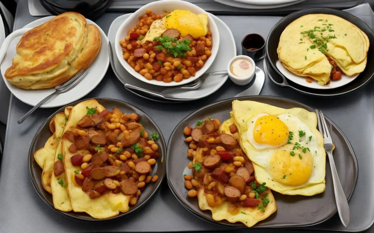 Omelette, potato hash, baked beans, sausage