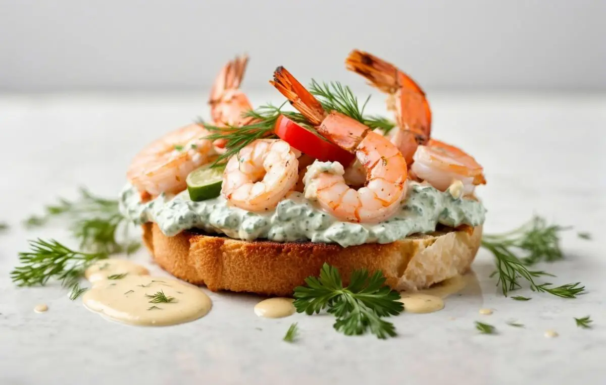 Open-faced shrimp sandwich with dill mayo
