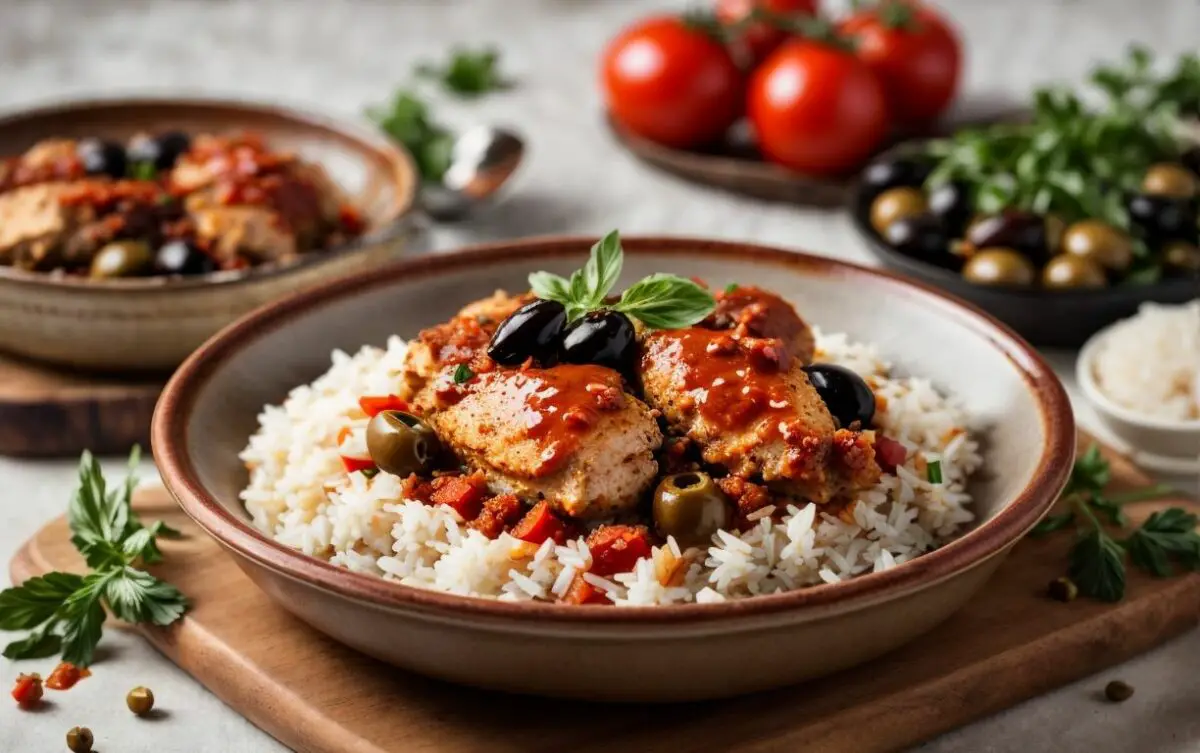 Chicken in smokey tomato sauce with olives and rice