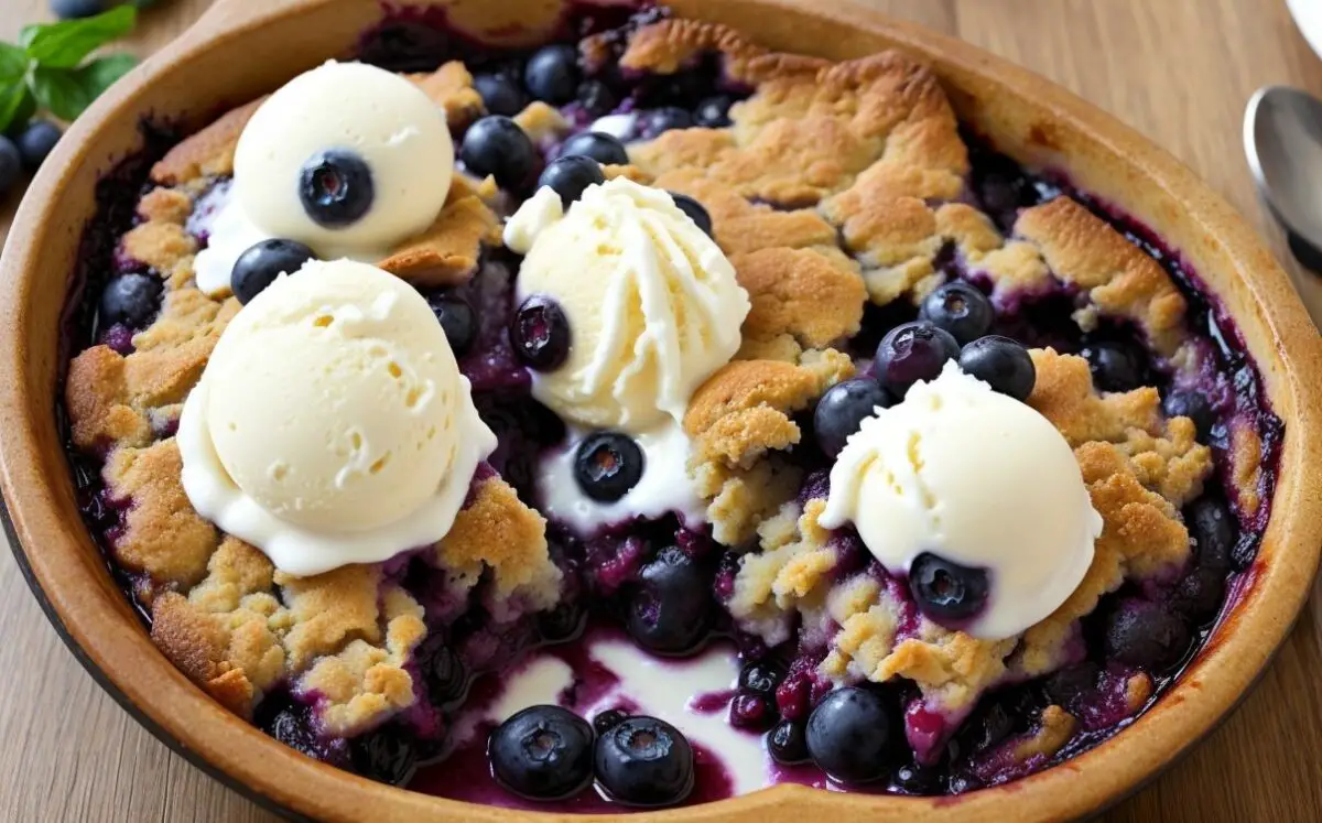 Warm blueberry cobbler with vanilla ice cream