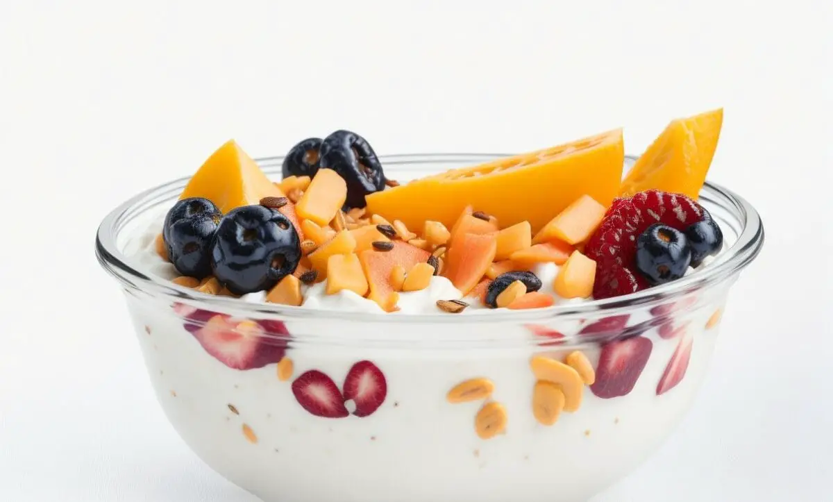 Yogurt with trail mix and sliced fruit